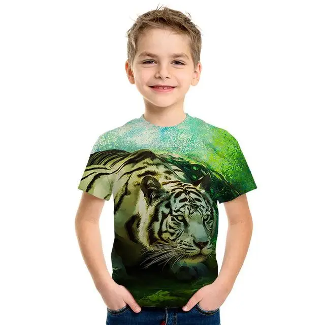 Camiseta de manga corta con estampado de lobo de leopardo de manga corta para nios y nias con estampado 3D De Len animal - Цвет: NT-735