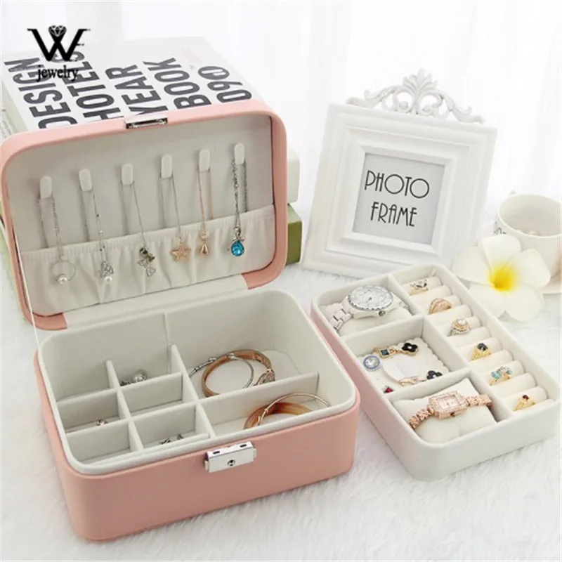 WE Double-layer Jewelry Box Large Capacity Leather Storage Earring Ring Necklace with Mirror Watch Organizer | Украшения и