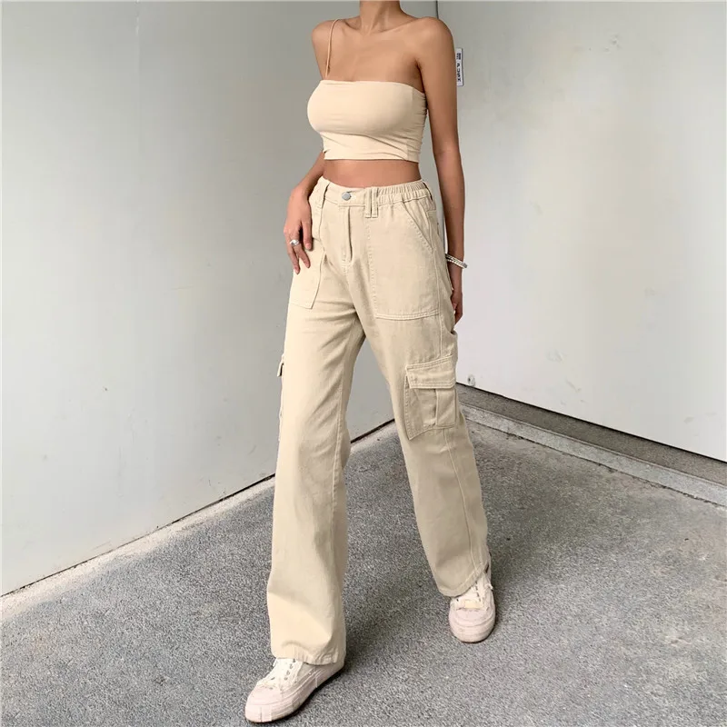 Streetwear Cargo Pants Women Y2K High Waist Flap Pocket Wide Leg Trousers Loose Straight Pants 2022 Fashion Vintage Casual Jeans gloria vanderbilt capris