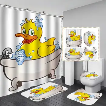 

Cute Yellow Duck Waterproof Fabric Shower Curtain Non-Slip Bath Mat Toilet Cover Rugs Cartoon Home Bathroom Decor Set
