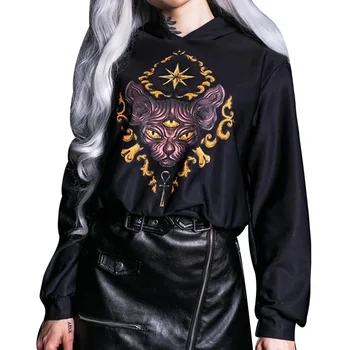 

2019 Autumn and Winter New Women's Personality Gothic Wind Three-eyed Cat Print Loose Hooded Sudadera Mujer Blackpink Hoodie