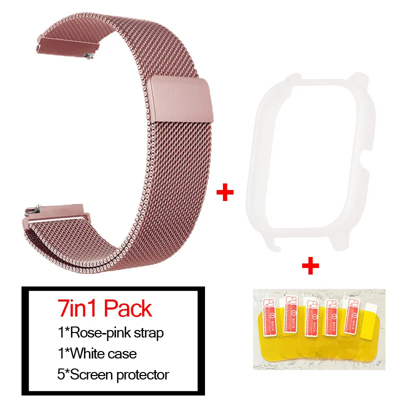7в1 умные часы аксессуары для Huami Amazfit GTS ремешок браслет из нержавеющей стали магнитный для Amazfit gts чехол Защитная пленка - Цвет: rose pink- white