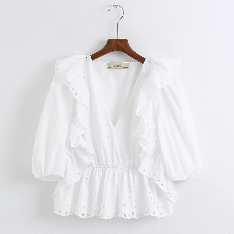 

White Blouse Ruffle Shirt Spring 2020 New Women Clothing Preppy Girl Embroidery Female Pullover Tops