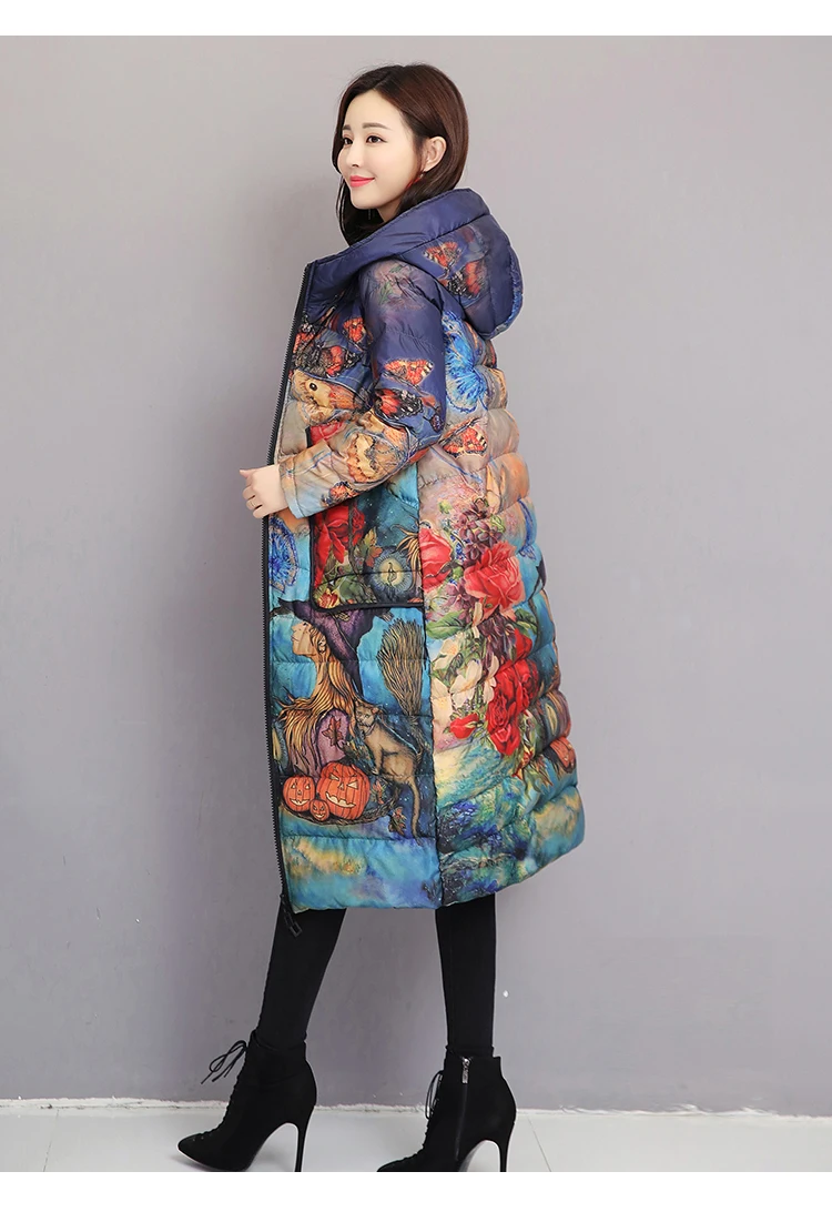 Легкая зимняя куртка Женская мода с капюшоном тонкий плюс размер пуховик с принтом длинное пальто парка doudoune femme hiver