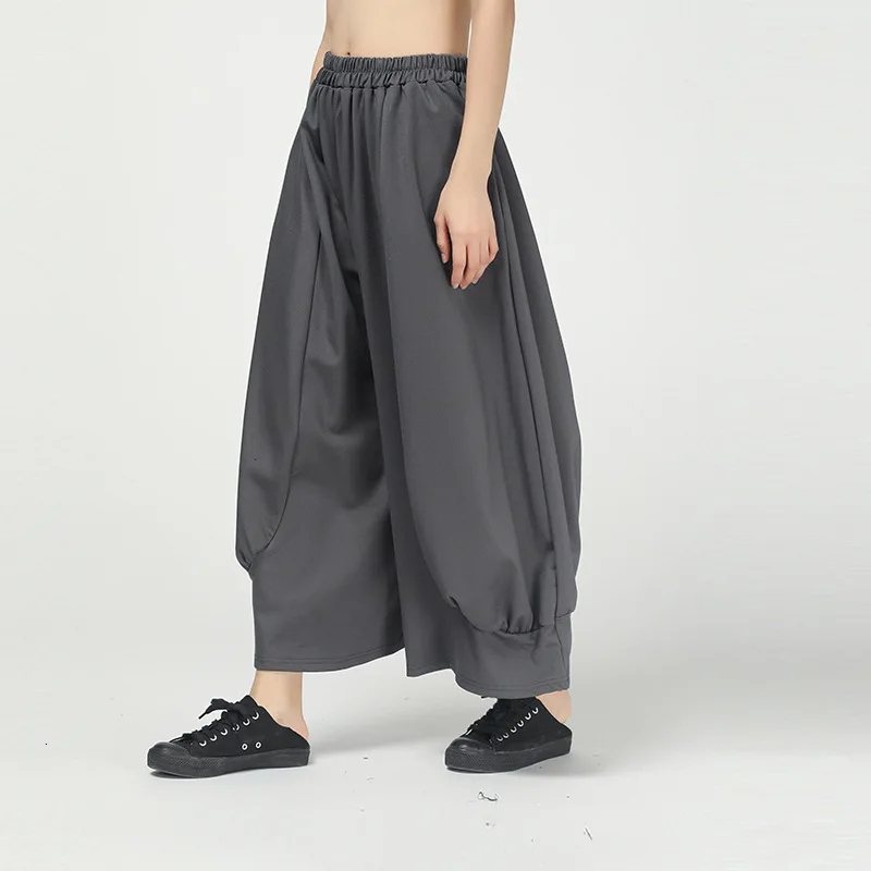 [EAM] серые плиссированные широкие длинные брюки с высокой эластичной талией, новые свободные брюки, женские модные весенние осенние 19A-a165