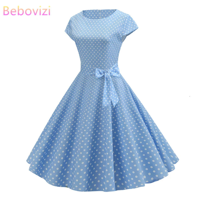 

Bebovizi Women Clothes 2019 Summer Vestidos Plus Size Casual Office Vintage Light Blue Dresses Dot Print Elegant Bandage Dress