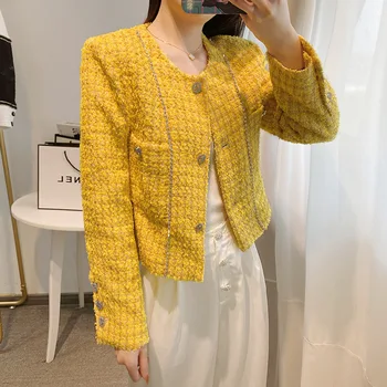 

2020 New Womens Yellow Tweed Jackets Plaid Coats Autumn Small Fragrance Elegant Round Neck Single Breast Crystal Cropped Coats