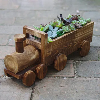 

Retro Wooden Train Flower Pot Succulent Plant Potted Bonsai Planter Handmade Office Desk Home Garden Decoration Flower Pots