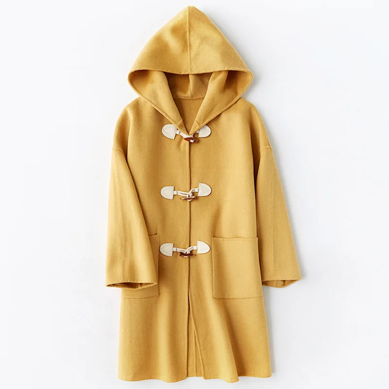 

Shuchan 2019 New Horn Button Wool Coat Hooded Preppy Style Wide-waisted Yellow Solid Long Coat Women's Outerwear New Items