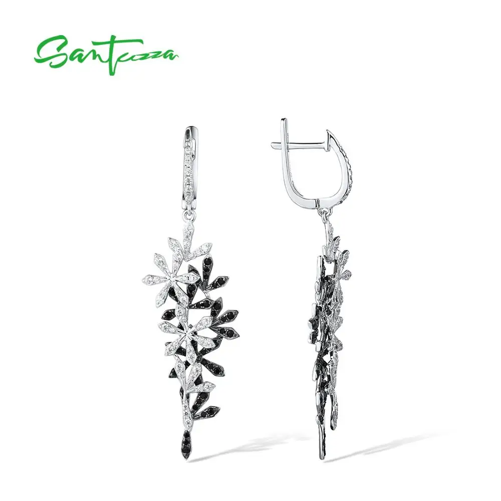 SANTUZZA Silver Drop Earrings For Woman 925 Sterling Silver Black Spinel White Cubic Zirconia Flowers Classical Fine Jewelry