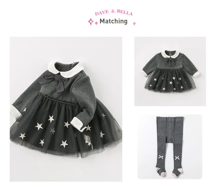 DB11751 dave bella/зимнее милое платье принцессы с бантом и звездами для маленьких девочек детское модное праздничное платье детская одежда в стиле «лолита»