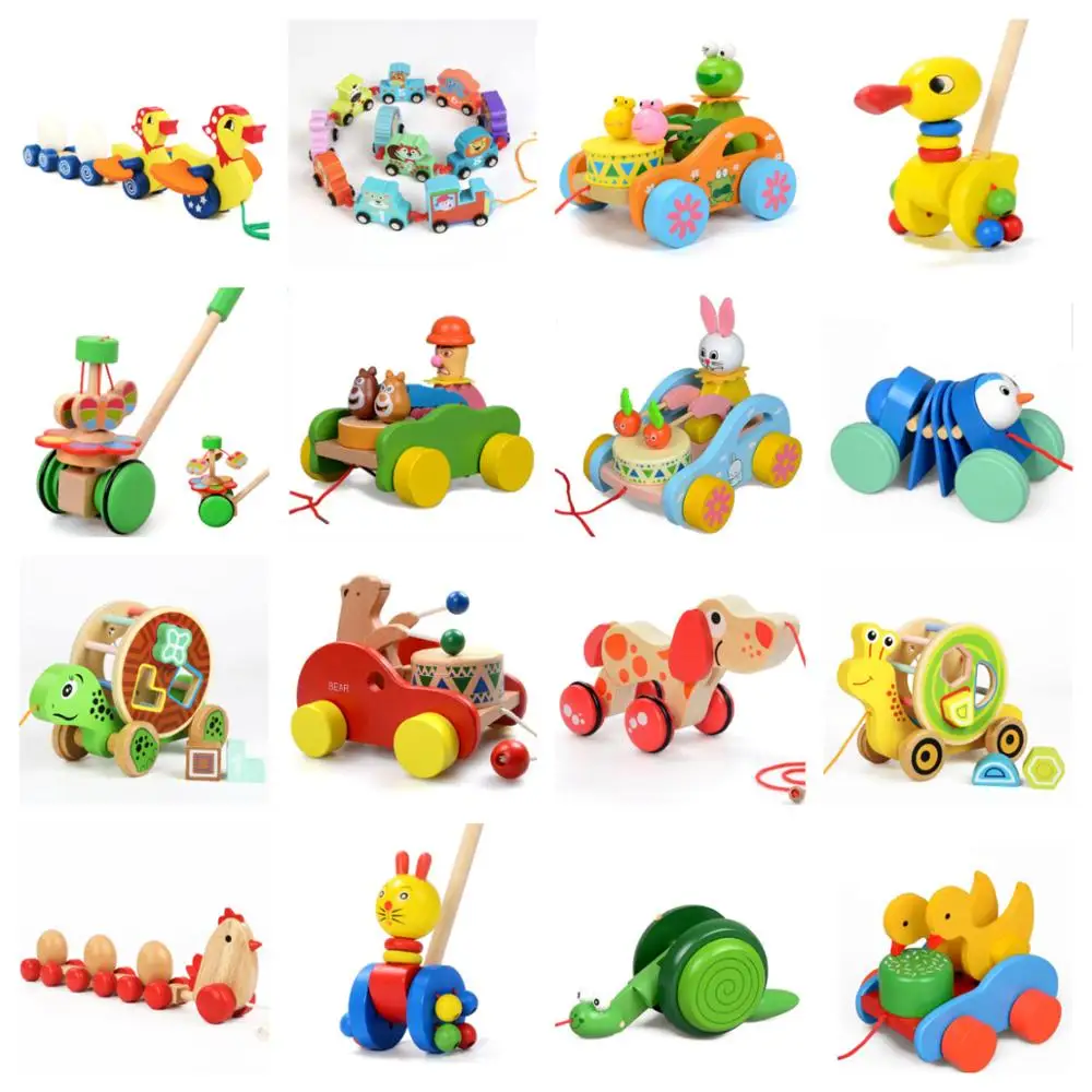 Wooden Animal Puzzle Toy Pull Along Car Colorful Bear Rabbit Duck Chicken Fox Shape Toddler Learning Walking Toy for Baby Kids afbeelding