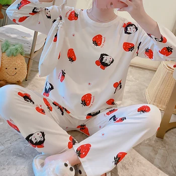 

Lady's Nightgown Pajamas Long Sleeve Nightclothes Kawaii Cartoon Print Sleep Clothing Lightweight Pyjamas Women