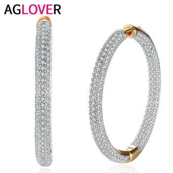 

AGLOVER Luxury AAA Zircon 34mm 925 Sterling Silver 18K Gold Charm Round Earrings For Women Fashion Engagement Party Jewelry