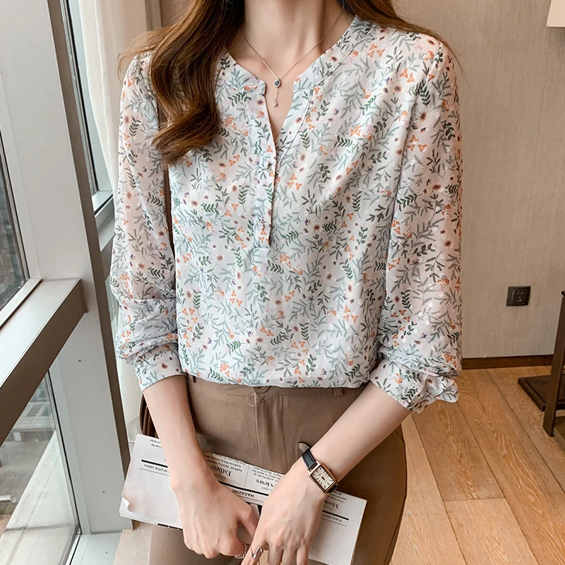New Spring floral chiffon shirts for ladies Fashion Women's Blouses bottoming shirts Tops Blusas Mujer 1