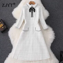 Runway Designer New Autumn Winter Dress for Women Fashion Clothes Turn Down Collar Bowknot Plaid Tweed Woolen Dress Casual