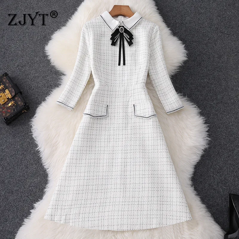 

Runway Designer New Autumn Winter Dress for Women 2019 Fashion Clothes Turn Down Collar Bowknot Plaid Tweed Woolen Dress Casual