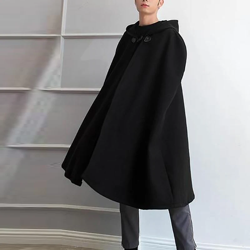 New Men's Fashion Korean Style Single-breasted Cloak Coat Solid Color Autumn Winter Cape Hooded Poncho Coat S-5XL INCERUN 2021