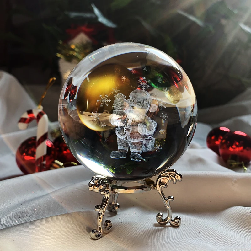 H& D Рождественский орнамент 80 мм Хрустальный шар пресс-папье с подставкой 3D лазерная гравировка Санта Клаус стекло Сфера коллекция домашний декор
