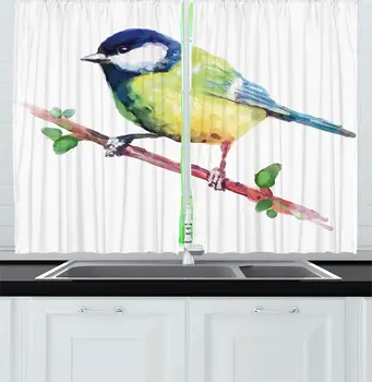 

Green Navy Animal Kitchen Curtains Watercolor Bird on Tree Branch Nature Wildlife Image for Kitchen Cafe Decor