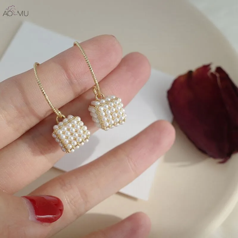 AOMU, корейский дизайн, простые жемчужные квадратные геометрические золотые металлические маленькие подарочные серьги-гвоздики для женщин, вечерние, свадебные, массивные ювелирные изделия