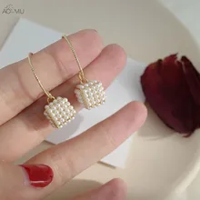 AOMU, корейский дизайн, простые жемчужные квадратные геометрические золотые металлические маленькие подарочные серьги-гвоздики для женщин, вечерние, свадебные, массивные ювелирные изделия