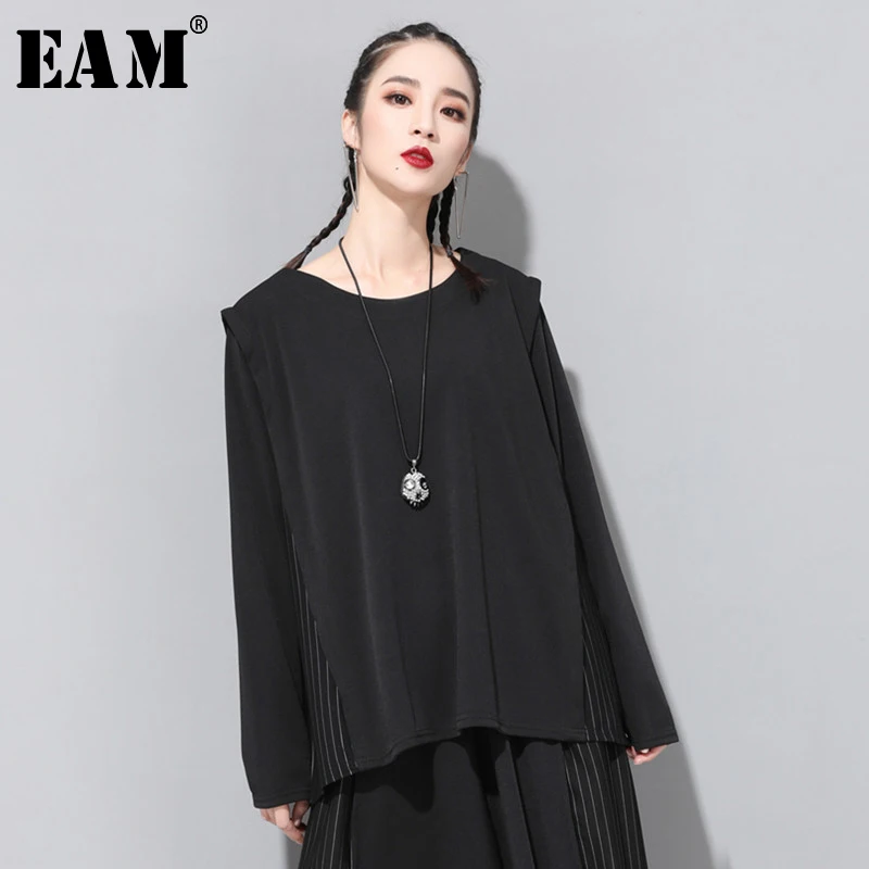 

[EAM] 2019 New Autumn Winter Round Neck Long Sleeve Black Striped Split Joint Loose Personality T-shirt Women Fashion Tide JQ137