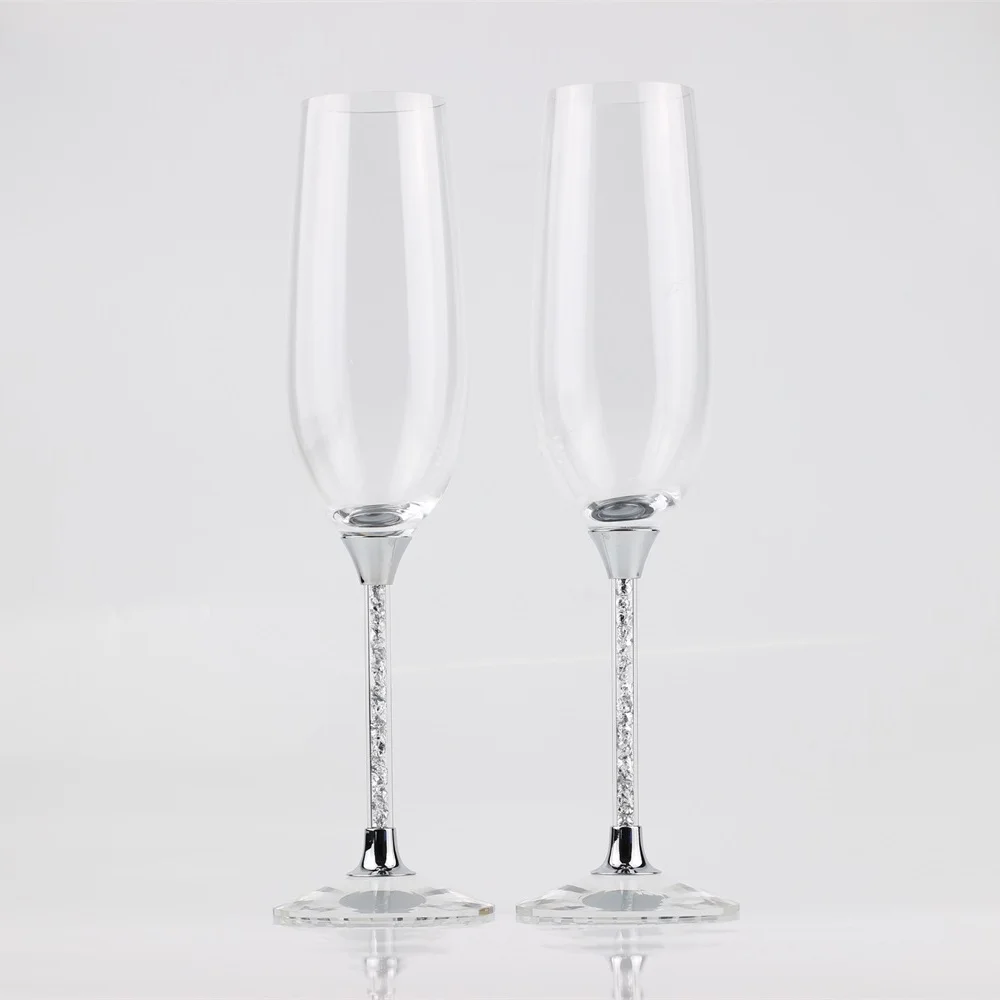 Хрустальные свадебные шампанское вино очки с серебряной фольгой в стволе