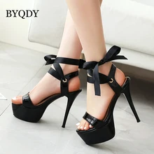 BYQDY Sexy Riband Ultra High Heels Sandals For Woman 16cm Black Heels Shoes Ankle Strap Platform Sandals Shoes Waterproof Plus