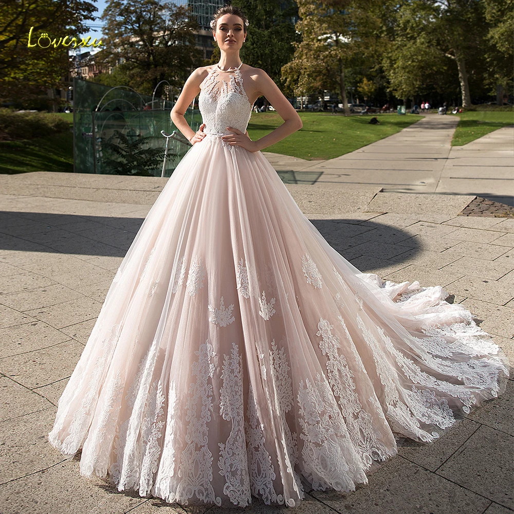 

Loverxu Demure Halter A Line Wedding Dresses Applique Beading Sleeveless Backless Bride Dress Chapel Train Bridal Gown Plus Size