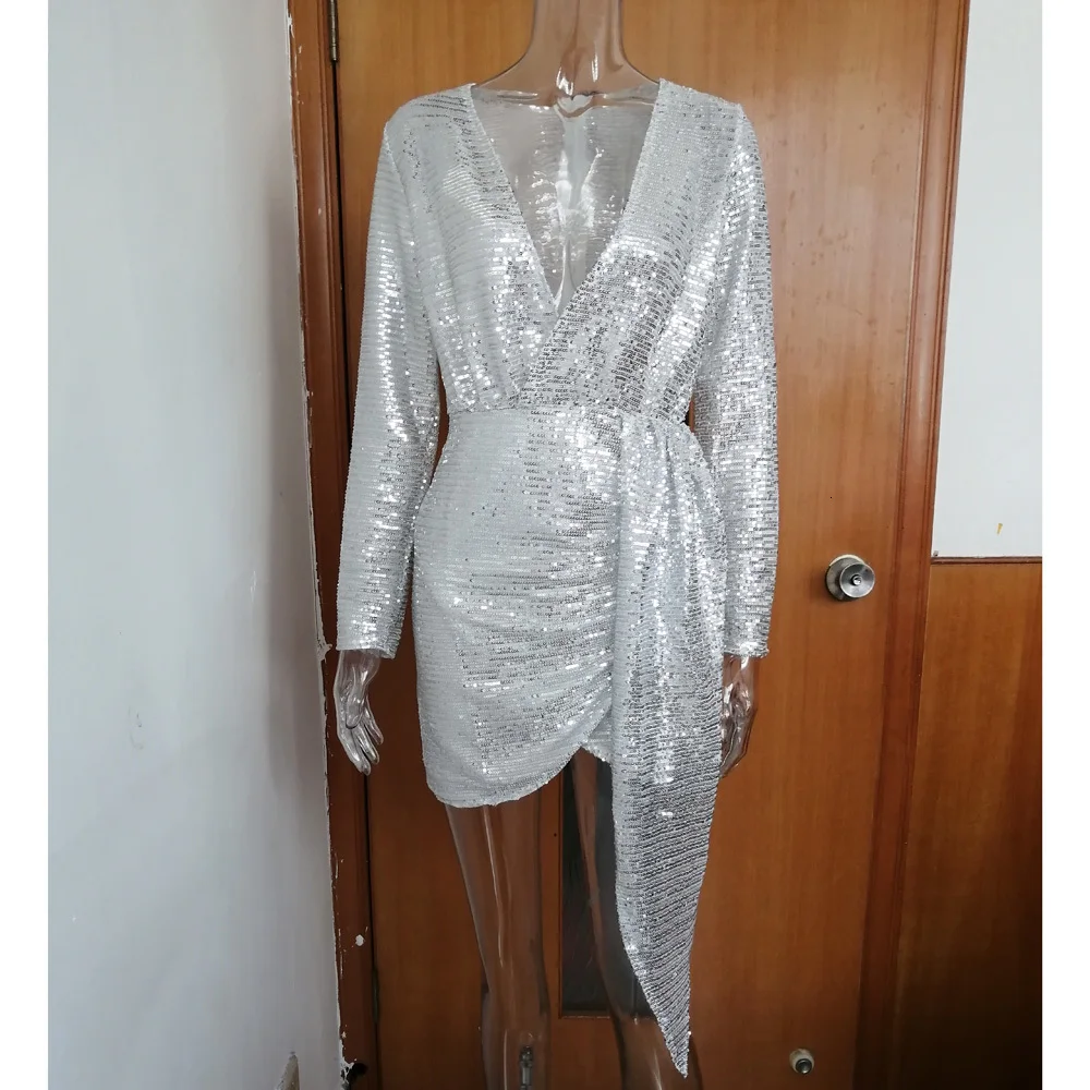 Женское элегантное платье с блестками выше колена, с длинным рукавом, с неровным подолом, туника с драпировкой и v-образным вырезом, облегающее мини-платье, платья для вечеринок Vestidos