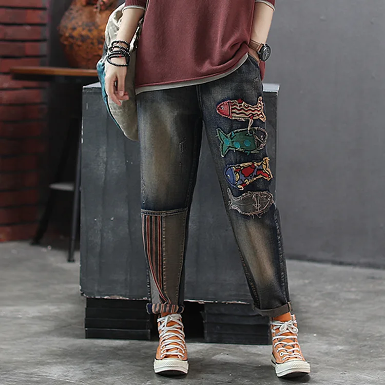 

Women Jeans Autumn Loose Retro Casual Denim Pants 2019 New Female Elastic Waist pocket Patchwork Bleached Vintage Trousers