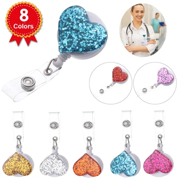 

New Design Retractable Nurse Badge Reel Clip Rhinestone Bling Love Heart Series Students IC ID Card Badge Holder Anti-Lost Clip