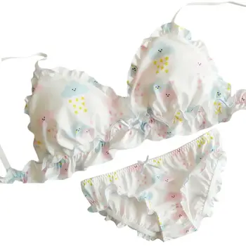 

Women Girls Cute Bows Bra and Panty Set Clouds Print Ruffles Trim Student Kawaii Underwear Japanese Anime Intimates Lingerie Set