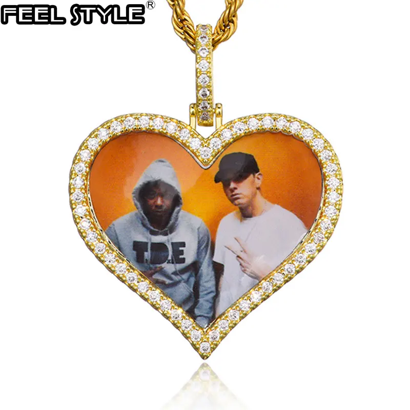 Hip Hop Custom Made Photo Heart Medallions Iced Out Bling AAA Cubic Zircon Personalized Necklace & Pendant For Men Jewelry