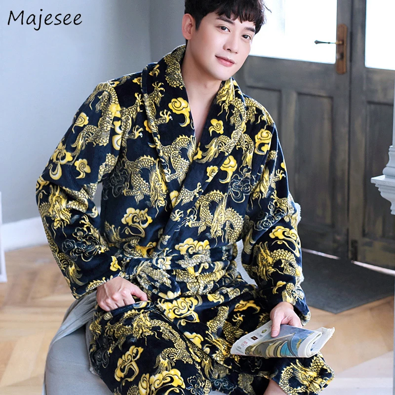 

Robe Men Autumn Winter Korean Style New Fashion Home Clothing Mens Robes Long Sleeve All Match Warm Males Hot Sale Casual Print