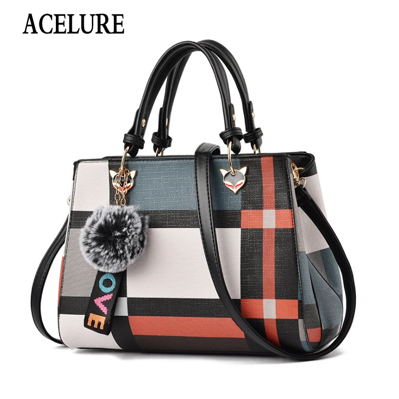 ACELURE Trendy Fashion Patchwork Women Crossbody Bags High Quality PU Leather Female Shoulder Bag with Fur Ball Handbag 4 Colors