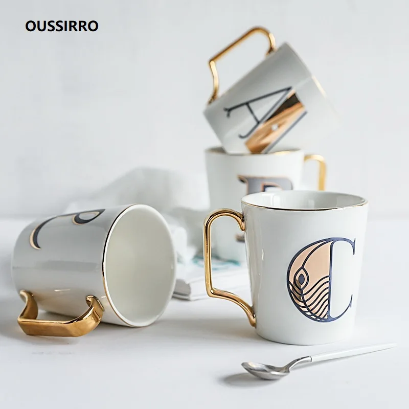 

OUSSIRRO Creative Ceramic Coffee MUG Breakfast Milk Tea Cups English Alphabet Pattern Gold Plating Handle Home Office Cup