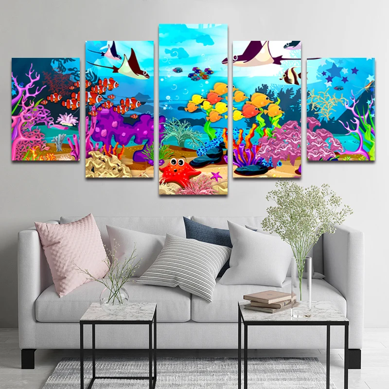 

Underwater World Canvas Painting 5 Panel Cartoon Fish Starfish Wal Art Print Kid Room Home Wall Decor Picture