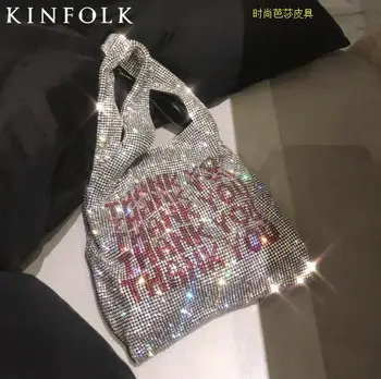 

Glitter diamond tote thank you motif mini shopper in rhinestone chain mesh Crystal Bling Bling Sequins Bags Lady Bucket Handbags