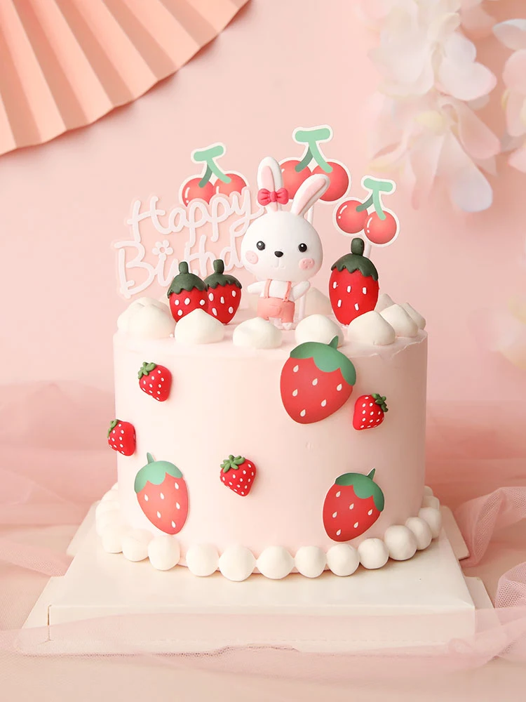 Toppers de gâteau de lapin rouge mignon Harvey pour la fête des enfants,  fournitures de joyeux anniversaire de bébé, beaux cadeaux pour la fille