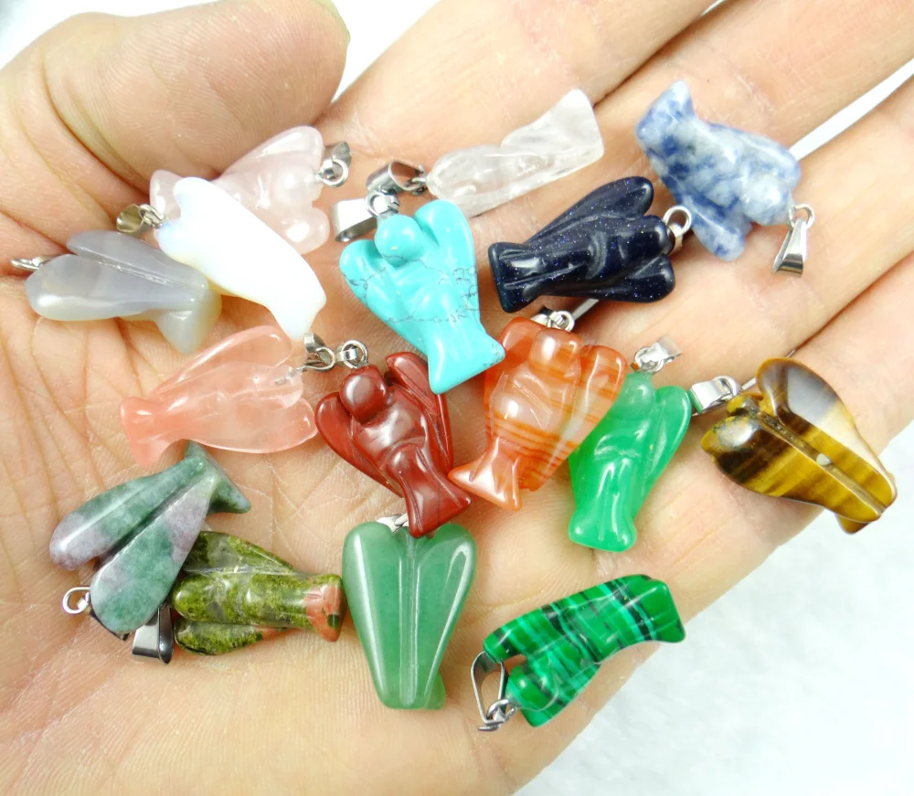 

natural stone Quartz crystal Opal aventurine Turquoises carved angel pendants for diy Jewelry making necklace Accessories24pcs