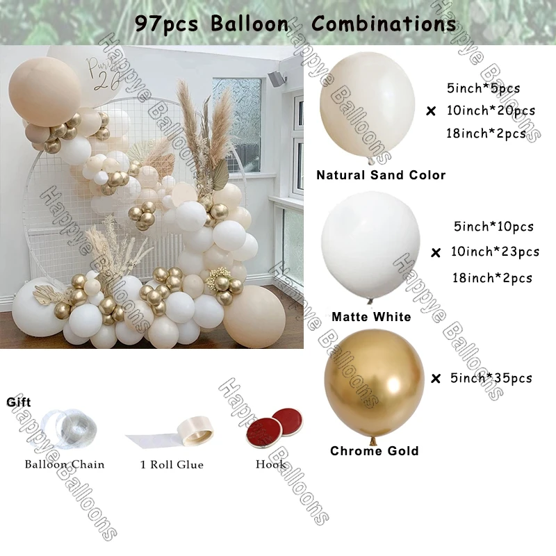 185 pcs Kit Arche Ballon Anniversaire Blancs Sable avec Ballons