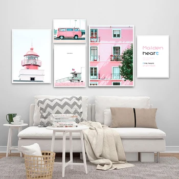

Beach Pink Bus Building Landscape Canvas Poster Nordic Style Wall Art Print Painting Decoration Picture Scandinavian Home Decor