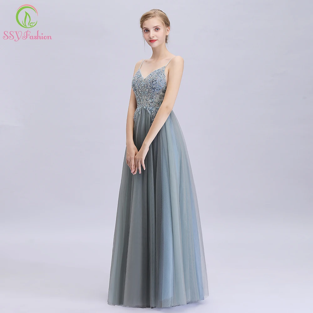 SSYFashion, новинка, сексуальное вечернее платье с v-образным вырезом, серое, зеленое, с блестками, с бисером, без спинки, в пол, вечерние платья, Robe De Soiree