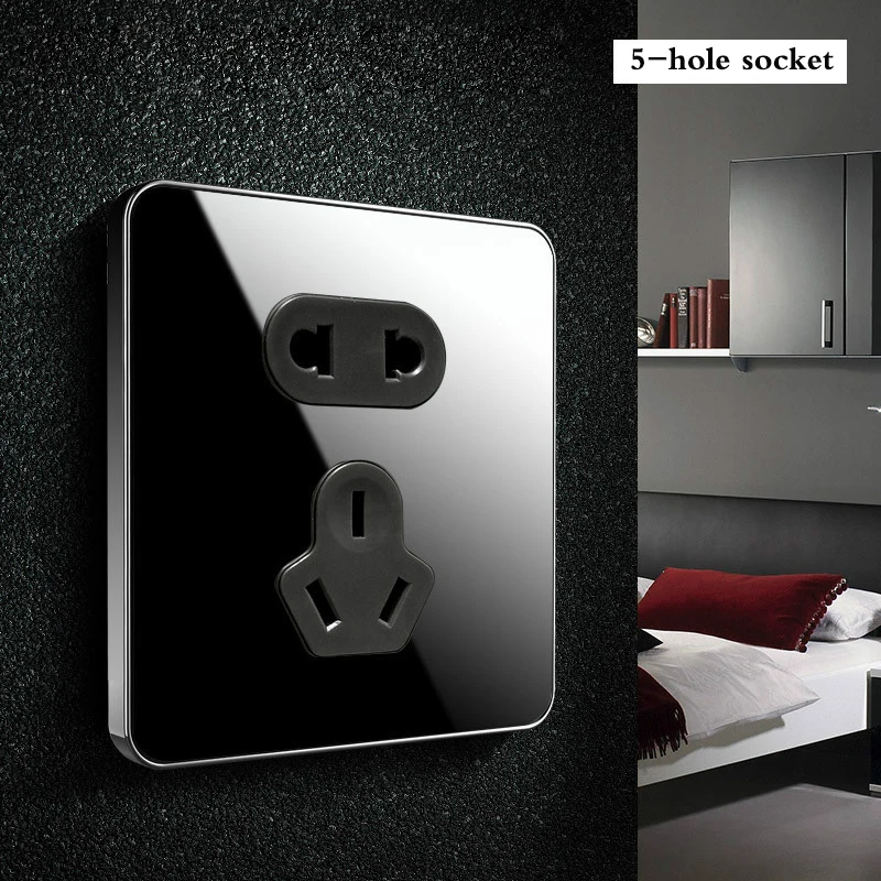 Household Power five hole socket oblique holes 2+3 wall panel Black mirror glass | Обустройство дома