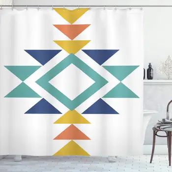 

Aztec Shower Curtain, Abstract Aztec Pattern with Colorful Design Indigenous Culture Print, Cloth Fabric Bathroom Decor Set with
