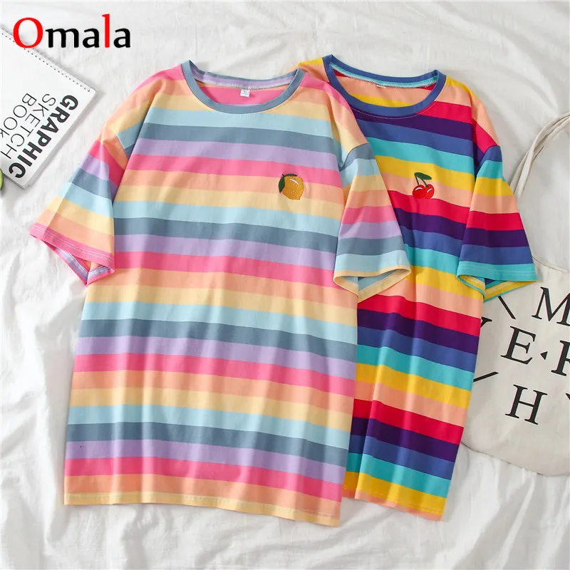 

Harajuku Cherry Printed cute Women oversized Short-sleeved T shirt Female Summer Fashion stripe Top Tee casual T-shirts For Lady