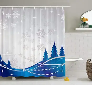 

Christmas Shower Curtain, Silver Winter Abstract with Blue Christmas Tree Fabric Bathroom Shower Curtain Polyester Art Bath
