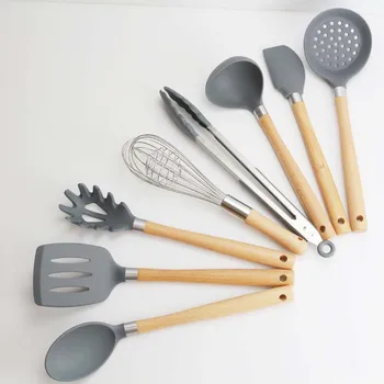 

8PCS Silicone Kitchen Utensils Set Wooden Sets Cooking Cookware Tool Spatula Turner Kitchenware Spoon Tongs